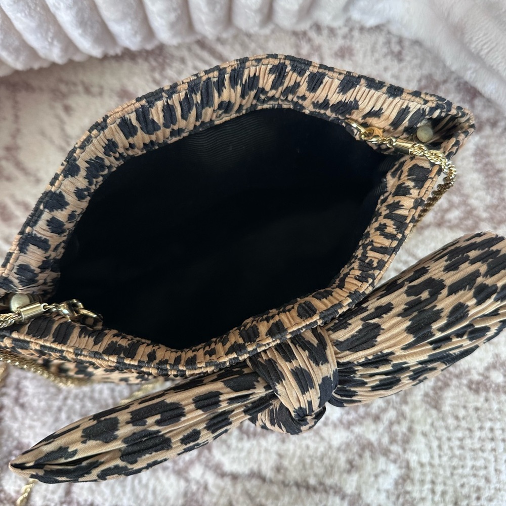 Loeffler Randall Pleated Leopard Bow Clutch w/ Gold Chain Strap Evening Bag - Picture 6 of 17
